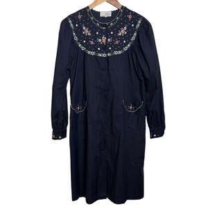 Vintage Lily Embroidered Floral Robe House Coat MuMu Duster Pockets
